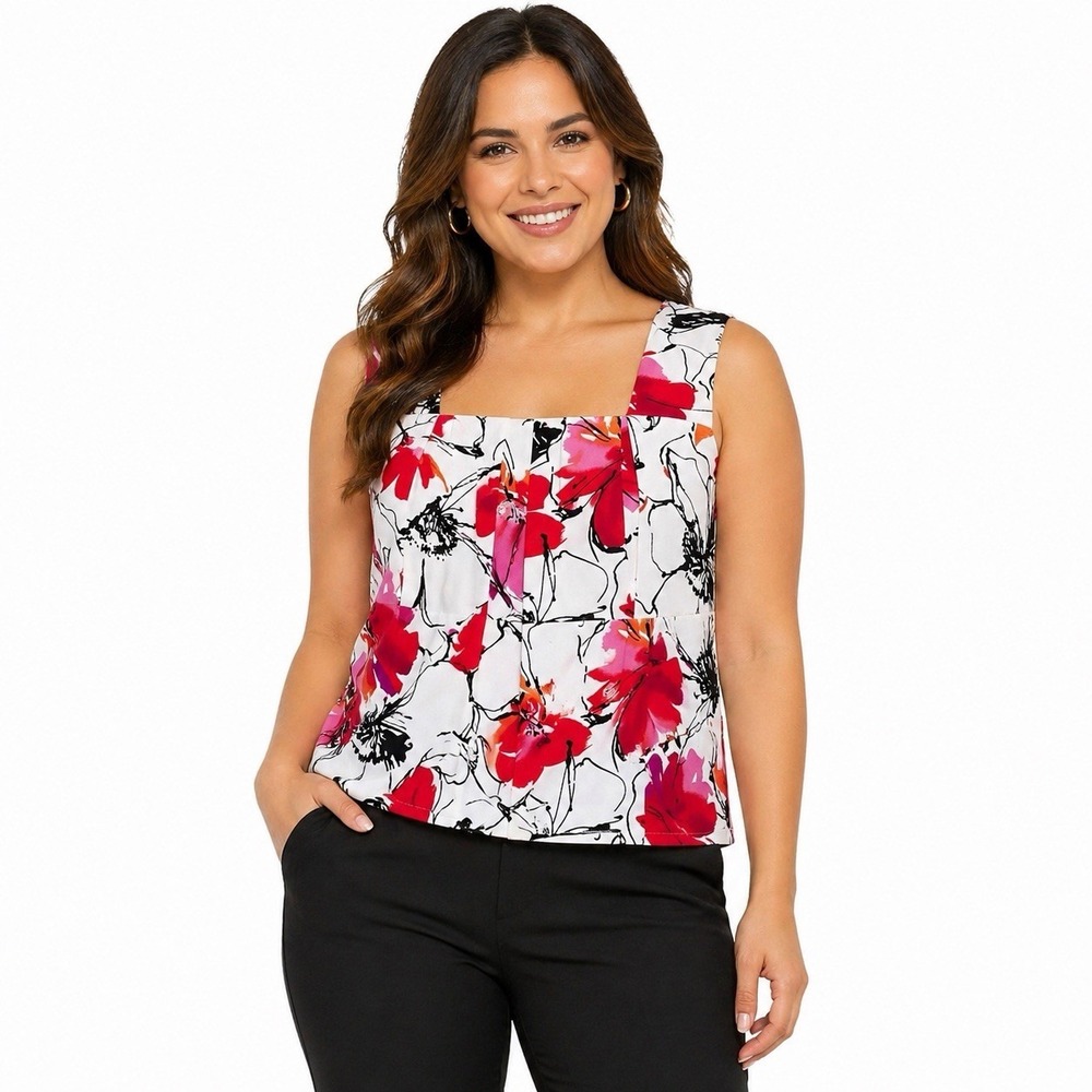 Perceptions New‎ York Womens Top 8 White Pink Floral Pleated Sleeveless